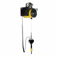 Hook-mounted air cable balancer with no trolley, designed for lifting and positioning loads up to 120 lb. Operates at 100 psi with NPT air inlet. Equipped with manipulator controls for precise load handling in industrial workstations and assembly lines.