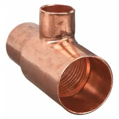 Wrot copper tee with cup x cup x cup ends for solder connections. Joins three copper tube branches in plumbing and piping systems. Accepts 2 in, 1-1/4 in, and 1 in CTS copper tubing.