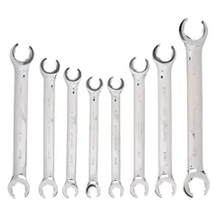 This set includes 8 double-end flex-head flare nut wrenches in SAE and metric sizes. Each wrench features a 6-point design and is made from alloy steel with a chrome finish. Suitable for tightening or loosening flare nuts and other fasteners in automotive, plumbing, and hydraulic systems.