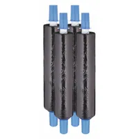 Hand-applied cast stretch wrap in standard duty, 80 ga gauge, black, 1-side. Each of the 4 rolls includes a built-in dispenser with hand brake. The black opaque film with UVI additive is used for securing and protecting palletized loads during storage and transport, including outdoor applications where UV resistance is needed