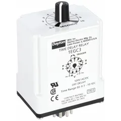 Socket-mounted time delay relay with off-delay function. Rated for 240V AC and 10 A. Features 11 pins/terminals for connection. Used in industrial control circuits requiring a timed delay after input signal removal.