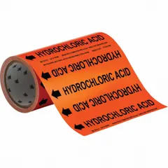 Adhesive pipe marker on a roll for identifying pipes carrying hydrochloric acid. Orange background with black legend text, includes directional arrows. Fits pipe outer diameters of 2 inches and smaller. Pack of 30 markers.