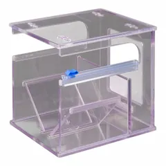 This clear PETG roll dispenser holds and dispenses film rolls for sealing containers or wrapping items. The transparent construction allows visual monitoring of remaining film. Overall dimensions: 8 in length, 6 3/4 in width, 7 1/4 in thickness.