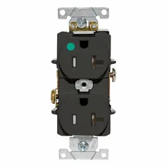General purpose duplex receptacle rated 125V AC and 20A with a 5-20R configuration. Black finish. Suitable for use in commercial and institutional environments requiring standard power connections.
