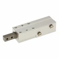Pneumatic feed escapement with 10 mm stroke length. Operating pressure range: 29 psi to 101 psi. Used in automated assembly and packaging lines for precise part advancement, separation, indexing, feeding, or positioning of workpieces.