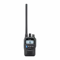 Analog handheld VHF marine radio operating on 100 channels across 156.025–163.275 MHz. Delivers 5 W output, features a numeric display, built-in scrambler, emergency button, VOX, and repeater capability. IPX7 waterproof with 14-hour Li-Ion battery. Meets TIA/EIA-603 standards; FCC license required.