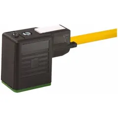 Single-ended cordset with female right-angle DIN Form Industrial B connector and bare wire termination. 3-pin configuration with 18 AWG wire size, 5-meter PUR yellow cable. Rated IP67 for protection against dust and water ingress. Used for connecting solenoid valves, sensors, and actuators in industrial automation and fluid power systems.