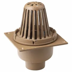 This primary roof drain with deck plate is designed for commercial low-slope roof drainage. It features a cast iron dome and no-hub connection, and includes mounting screws. Overall dimensions: 8 3/4 in width, 8 3/4 in diameter, 11 3/4 in height.