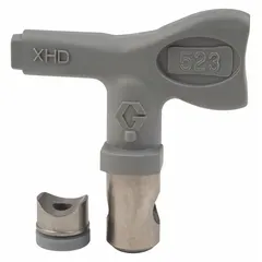 This GRACO airless spray gun tip features a 0.023 in orifice size and is designed for use with XHF series spray guns and model XHD001. The gray tip is suitable for applying paints, lacquers, and other coatings in industrial finishing, construction, and maintenance tasks.