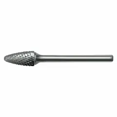 Double-cut ball-nosed tree bur with 1/8" head diameter and 1/2" cutting length, featuring a 1/8" shank. Designed for deburring, shaping, and finishing on ferrous and non-ferrous metals.