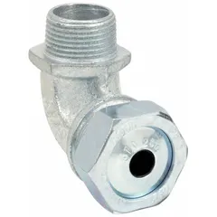 This 90° metallic cable grip features a silver iron body with 3/4 in MNPT box connection, accepting cord diameters from 0.25 in to 0.38 in. Rated for Class II, Division 1 & 2 hazardous locations, it is suitable for securing cord connections in environments such as grain elevators or coal handling facilities. The NPT thread provides a sealed entry.