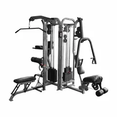 Powder coated steel frame in gray and black with vinyl upholstery. Overall length 109 inches, overall width 64 inches. Designed for strength training in commercial or institutional fitness facilities.