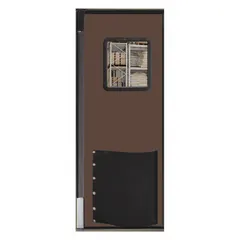 Single-panel insulated swinging door with brown textured polyethylene construction. Includes polycarbonate window, door seals, bumpers, and mounting hardware. Meets USDA standards. Suitable for temperature-controlled environments such as cold storage and food processing areas.