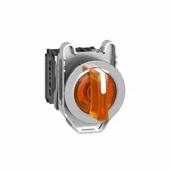 SCHNEIDER XB4 series 30 mm panel-mount illuminated selector switch with a short-handled knob operator head. Features three maintained positions (On-Off-On) with 1NO/1NC contact configuration. AC contact rating is 1.2 A at 600 V; DC contact rating is 0.1 A at 600 V. Plastic operator head with metallic bezel. Suitable for industrial control panels and machinery requiring a compact illuminated selector switch.