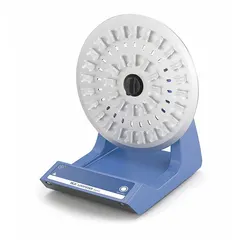 Lab rotator with a speed range of 0 to 20 RPM and a freely adjustable rotary angle. Accommodates tubes or small containers up to 50 mL capacity. Suitable for gentle mixing applications such as cell culture, hybridization, and general laboratory mixing.