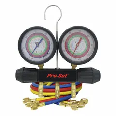 Analog manifold gauge set with two 2 1/2-inch gauges and three hoses featuring ball valve connections. Designed for R-22 refrigerant, includes gauge boots for protection. Suitable for pressure measurement and charging in HVACR service and maintenance.