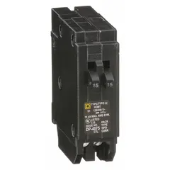 Single-pole, 15 A miniature circuit breaker for plug-in installation in Homeline load centers. Rated 120/240V AC with a 10 kA interrupting capacity at 120/240V AC. Provides overcurrent protection for branch circuits in residential and light commercial applications.