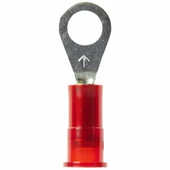 Nylon-insulated ring terminal for terminating 22 AWG to 18 AWG wires to a #8 stud. Rated for 1000 V. Suitable for use in control panels, electrical distribution, and equipment grounding connections.