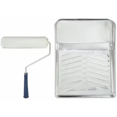 This roller and tray kit includes a 9-inch woven fabric roller cover with a 3/8-inch nap, suitable for all paint types on semi-smooth drywall surfaces. The 5-wire cage roller frame provides balanced paint distribution. Designed for interior painting tasks on walls and ceilings.