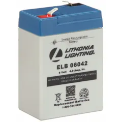 Sealed lead acid battery rated at 6 V and 4.5 Ah capacity. Overall height 4 1/4 in, overall depth 2 in. Used as a replacement power source for emergency and exit lighting fixtures in commercial and industrial settings.