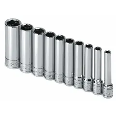 This 10-piece socket set includes 6-point SAE deep sockets ranging from 3/16 in to 9/16 in with a 1/4 in drive. Features a friction ball retainer. Suitable for tightening and loosening fasteners in automotive repair, machinery maintenance, and general mechanical work.