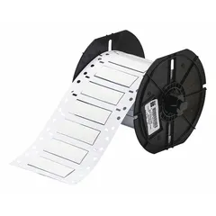 Polyolefin, white matte precut sleeve label roll for wire and cable identification. Each label measures 3/8 in x 2 in and fits 4 AWG to 12 AWG wire gauge. Compatible with BBP33 printer series for on-demand printing in industrial environments.