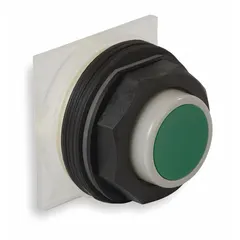 Momentary-action, extended-length push-button operator from the 9001SK series. Non-metallic construction with a green operator. 30 mm mounting size for standard panel cutouts. Used in industrial control panels for momentary contact commands.