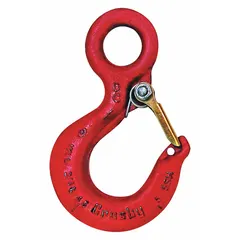 Carbon steel slip hook with red finish, rated Grade 100. Usable length of 10 1/16 in. Features visual indicator markings for deformation and max angle. Used in lifting and rigging applications for secure load attachment.