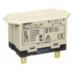 Surface-mounted power relay from the OMRON G7L Series with a square base and top flange mounting. Rated for 30 A at 200/240V AC, SPST-NO contact configuration, and quick-connect terminals. Suitable for switching high-current loads in industrial control panels and automation systems.