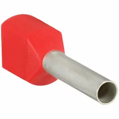 Insulated ferrule for terminating two stranded wires into terminal blocks. Red polypropylene sleeve, 0.09 in ferrule diameter. Used in industrial control panels and electrical distribution to prevent wire fraying and ensure reliable connections.