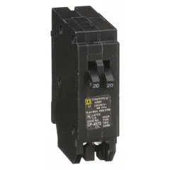 Single-pole, 20 A miniature circuit breaker for plug-in installation in Homeline load centers. Provides overcurrent protection for branch circuits at 120/240 V AC with a 10 kA interrupting rating. Suitable for residential and light commercial applications.