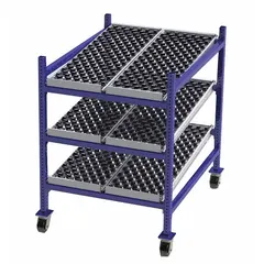 This UNEX FLOW CELL flow rack is a bolted mobile unit with three tilt shelves and skate wheel tracks, allowing cartons or totes to flow by gravity to the front. It measures 36 inches deep by 48 inches wide by 54 inches high, with rubber decking material. Suitable for lean manufacturing and order picking applications in warehouses and distribution centers.