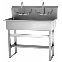 This two-station freestanding wash station is constructed of 16 ga stainless steel. It features a 37-inch bowl length and 8-inch bowl depth with a flow rate of 2 gpm. Side splash is not included. Suitable for commercial handwashing applications requiring multiple stations.