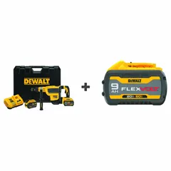 This cordless rotary hammer operates on 20V DC power with a 9.0 Ah battery. It accepts SDS-Max bits up to 4 in and delivers an impact rate of 1,450 bpm to 2,900 bpm. The kit includes three batteries and a D-handle. Suitable for drilling and chiseling in concrete, masonry, and stone.