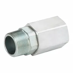 This swivel connector features an aluminum body with a 1 1/4 in MNPT male inlet and a 1 1/4 in FNPT female discharge, both NPT standard. It is chemically compatible with gasoline, making it suitable for use in fuel-handling systems to prevent hose twisting and kinking.