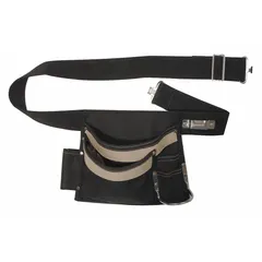 This WESTWARD tool belt is designed for carpentry applications. It features a black, non-padded construction with five pockets for carrying essential tools and fasteners. The belt adjusts to fit waist sizes from 29 to 46 inches.