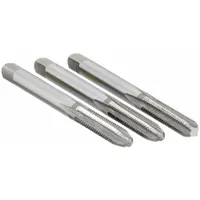 This three-piece hand tap set includes taper, plug, and bottoming taps for cutting internal threads in metal. Each tap has 4 flutes and is made of high-speed steel with H3/2B tolerance. Suitable for through holes and blind holes in maintenance, repair, and production environments