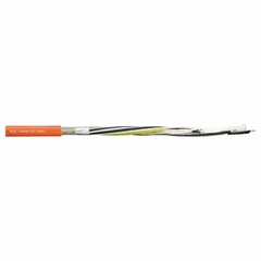 This servo motor power cable features a conductor grouping of four 17 AWG power conductors and two shielded twisted pairs of 18 AWG, with an included ground. It is orange and sold by the foot. Minimum bend radius factor is 8 x OD for fixed installation and 12 x OD for flexible applications. Suitable for use in cable carrier (drag chain) systems in industrial automation, connecting servo drives to motors.