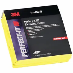 This yellow detailing cloth from 3M is made of a nylon/polyester blend and measures 12 inches wide. Designed for vehicle wash and drying, it will not scratch or streak delicate automotive surfaces. Suitable for final wipe-downs, wax removal, and glass cleaning in auto detailing and body shops.