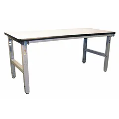 This open-base workstation features a gray laminate top measuring 72 by 36 inches. It supports an overall load capacity of 850 pounds, suitable for industrial assembly, inspection, and packaging tasks in manufacturing facilities, warehouses, and maintenance shops.
