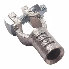 Straight alignment crimp battery terminal for 1/0 gauge wire. Copper contact material with black color code for positive polarity. Overall width 0.8 inches. Used for heavy-duty electrical connections in battery systems.