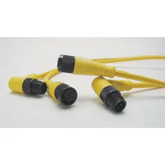 Single-ended cordset with a yellow PVC jacket for flexing applications. Features an M12 male straight connector on one end and bare wire on the other. Rated IP67 and NEMA 6P for use in wet or dusty environments. Suitable for connecting sensors or actuators in industrial automation, packaging, and material handling equipment.