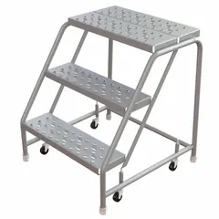 This 3-step aluminum rolling step stool has a 350 lb load capacity and a weight-actuated design that locks the four swivel casters when stepped on for stability. The rectangular platform provides a secure standing surface. Suitable for industrial and warehouse tasks requiring safe elevated access to shelves or equipment.