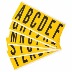This 25-pack character set includes Gothic font letters A to Z in black on a yellow background. Each 3-inch label is non-reflective and suitable for indoor/outdoor use. The set is not self-spacing or aligning, requiring manual placement for custom identification of equipment, pipes, and panels.