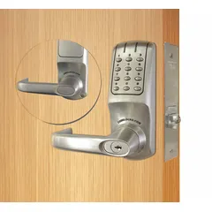 The CODELOCKS CL5250-BS is an ADA-compliant electronic keyless lock constructed of zinc. It features a keypad for code entry and an interchangeable core key override. Suitable for commercial and institutional doors requiring keyless access control.
