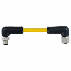 Double-ended cordset with TPE jacket for heaviest-duty applications. Features M12 male right-angle connector on one end and M12 female right-angle connector on the other, with 5 pins, 16 AWG wire, and 10 m cable length. Yellow TPE jacket and IP66K rating provide protection against moisture, dust, and mechanical stress in industrial environments.