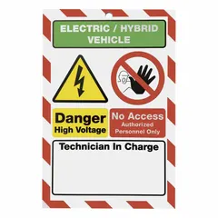 Plastic suction cup sign, 7 in x 10 in, non-reflective. Warns of high voltage danger and restricts access to authorized personnel only. Suitable for temporary placement in maintenance bays or charging zones.