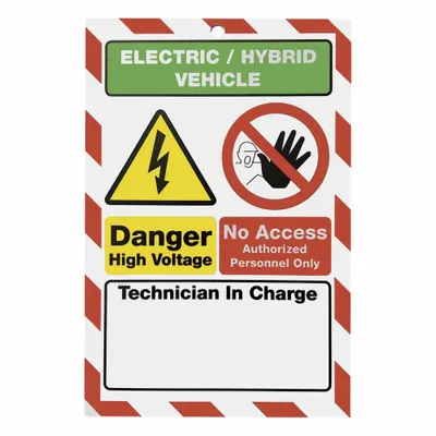 ZING Safety Sign: Plastic, Suction Cup Sign Mounting, 7 in x 10 in Nominal Sign Size - Electric/Hybrid Vehicle: Danger High Voltage, No Access, Authorized Personnel Only Signs