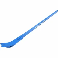 This 56-inch rolling-head pry bar features a claw end with a 1-inch bar width and 1-inch end width. It includes one nail slot for extracting nails. Designed for prying loose concrete forms and other embedded objects, it provides leverage for demolition and form stripping tasks.