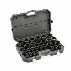 This 29-piece SAE impact socket set features a 3/4 in drive and six-point sockets. Sizes range from 3/4 in to 2-1/2 in. The friction design ensures secure socket retention. Suitable for heavy-duty fastening tasks on industrial equipment, automotive repair, and construction machinery.